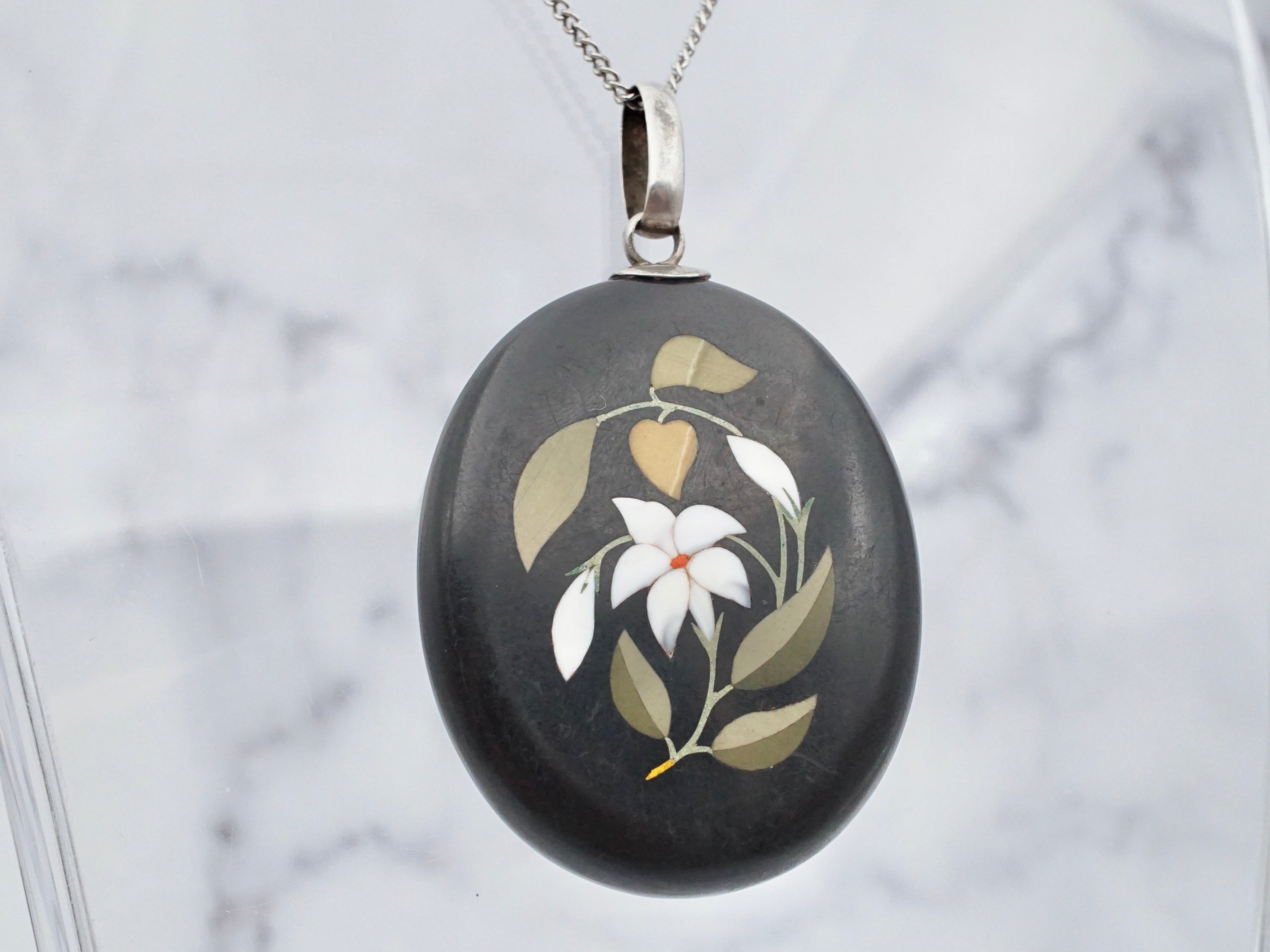 Antique Victorian sterling pietra dura lily stone inlay pendant